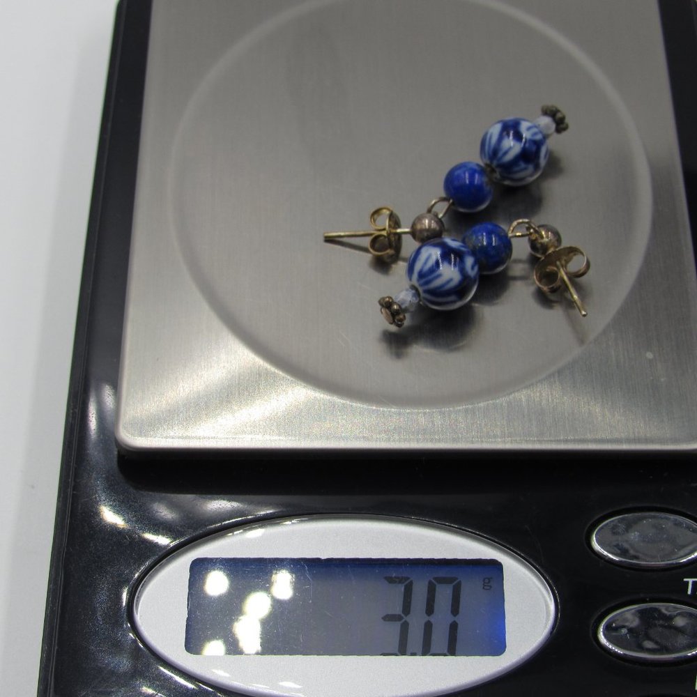 Sterling Silver Blue Glass Dangle Earrings Vintage - Picture 4 of 4